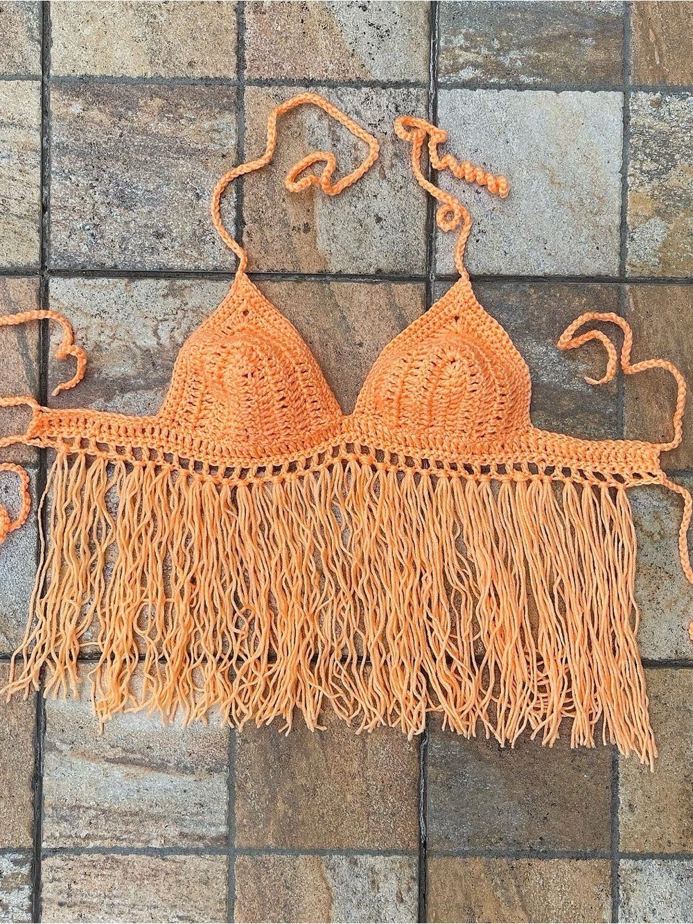 Handmade Peach Crochet Fringe Halter Top | Festival Boho Beachwear | Adjustable
